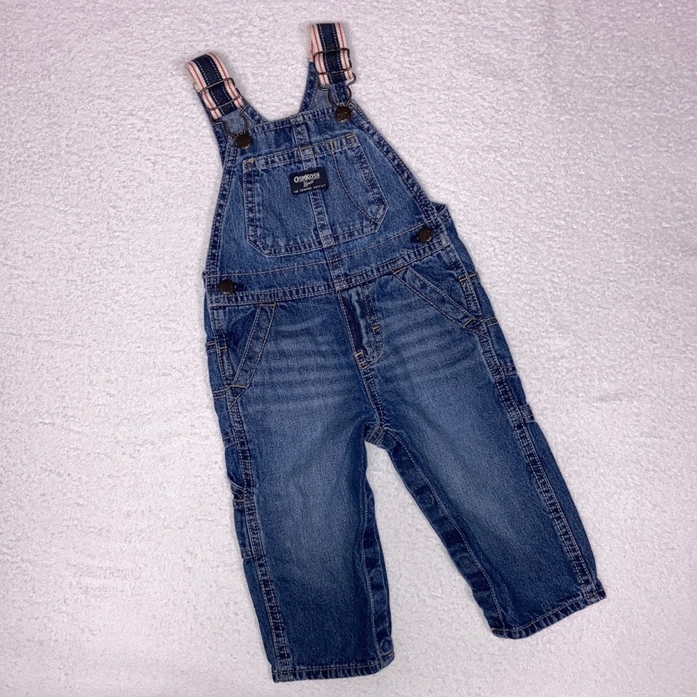 Oshkosh 12m denim blue jean overalls red white blue canvas straps